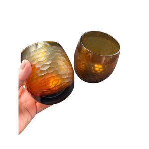Pair Vintage Roly Poly Faceted Amber Gold Honeycomb Stemless Rocks Glasses